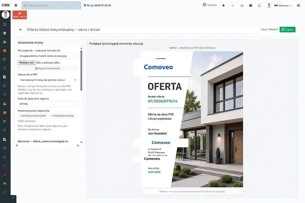 Kreator oferty PDF w Comoveo — podgląd strony tytułowej